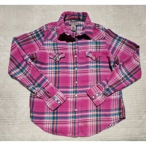 Wrangler Shirt Womens Medium Pink Purple Plaid Western Pearl Snap Flannel Cowboy